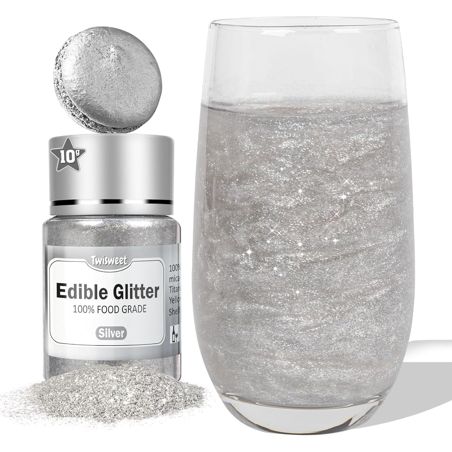 Twisweet Silver Edible Glitter for Drinks, Food Grade 10g Sparkling Sprinkles Cake Decorating Supplies, Edible Luster Dust for Cocktail Beverages, Food Coloring Shimmer Powder for Cupcakes Cookies Cake Decorations