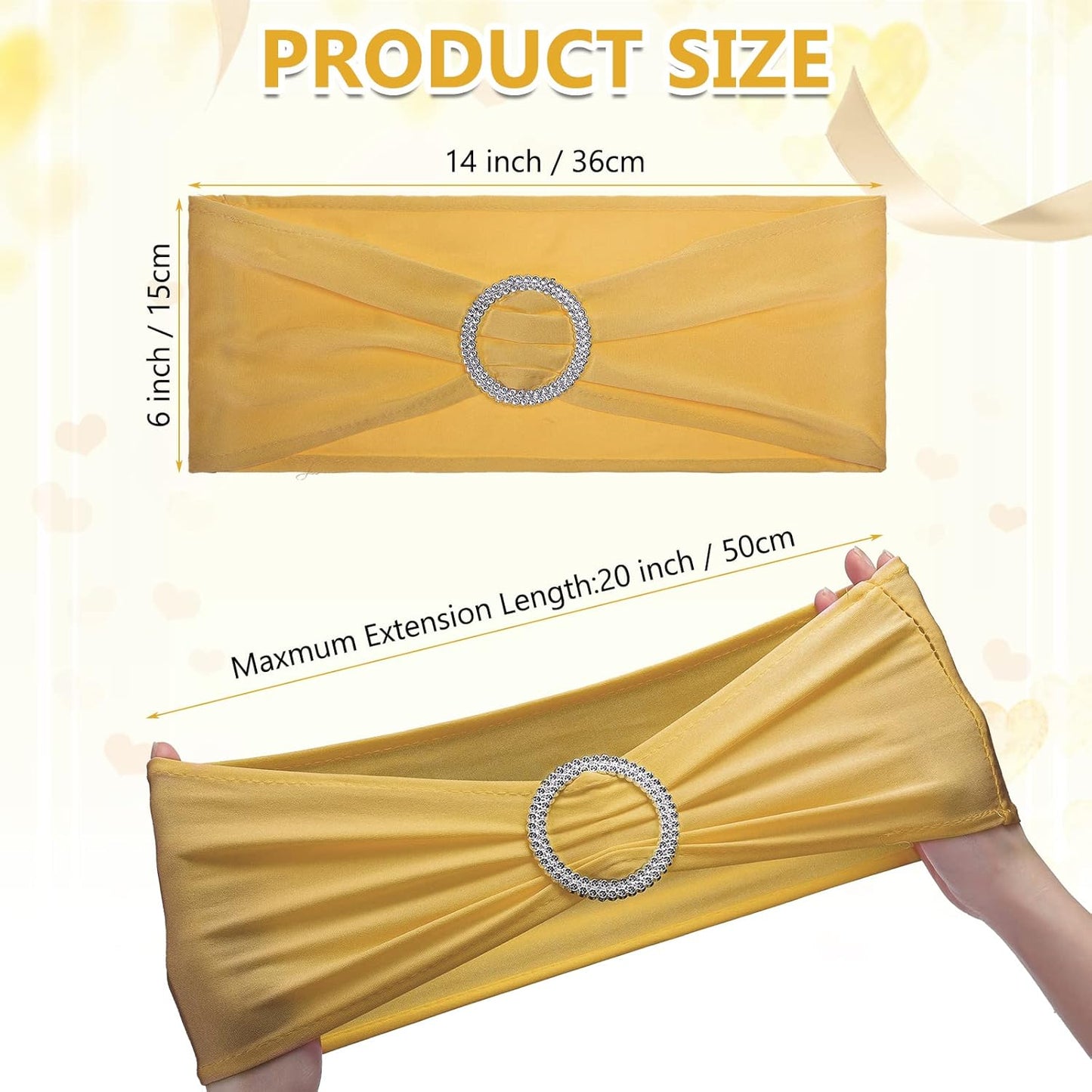 CHENGU 150 Pieces Spandex Stretch Chair Sashes Bows Elastic Chair Cover Bands Ties with Buckle Slider for Wedding Party Reception Events Universal Ceremony Banquet Decorations(Gold)