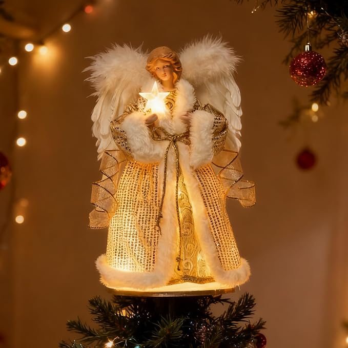 Angel Christmas Tree Topper, 12.5 Inch Angel Tree Topper with Lights, Christmas Tree Topper with White Feather Wings, Xmas Tree Topper for Christmas Decor Home Holiday Party,Gold