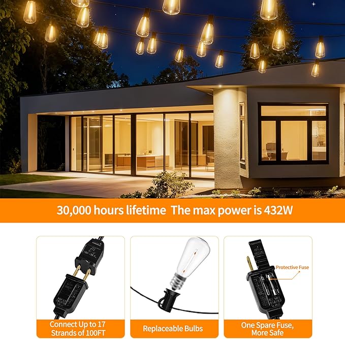 LED Outdoor String Lights 100ft ST38 Waterproof Patio Lights with 50 Vintage Shatterproof Bulbs(3 Spare), Dimmable Outside Hanging Edison String Lights for Backyard Porch Balcony Decor, Warm White