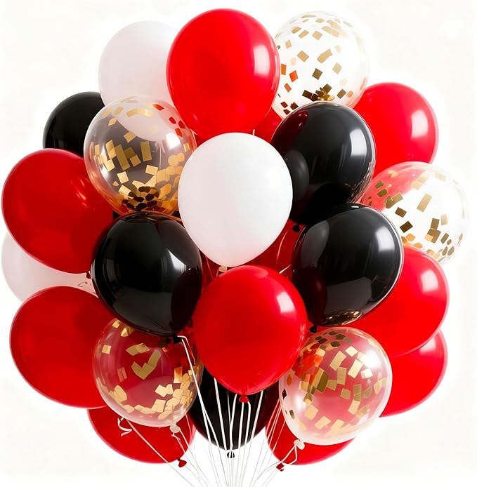 PartyWoo Red and Black Balloons 65pcs 12 Inch Matte Black Red White Confetti Balloons for Graduation Men Birthday Wedding Anniversary Bachelorette Racing Car Casino Retirement Party Decorations