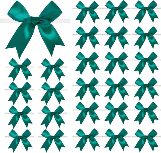 50 PCS Twist Tie Bows Satin Ribbon Bows 3.3 Inch Gift Wrap Bows Craft Bows for Gift Wrapping, Party Decorations Gifts Bag DIY Treat Bags Wedding Decor Baby Shower Christmas (Dark Green)