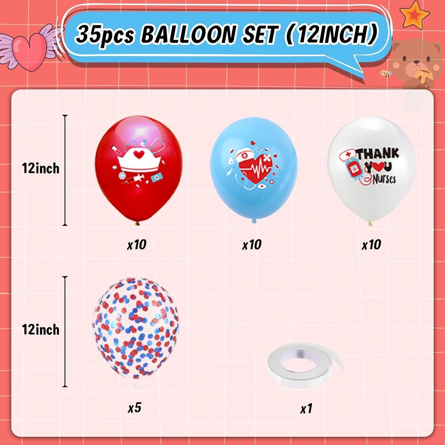 Medical Balloons, 12 Inch Blue White Red Balloons with Medical Icons for Graduation Party Nursing School Celebrations Appreciation Events Blue White Themed Decorations