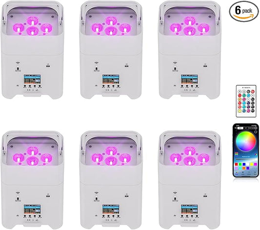 Battery Powered Stage Lights, 9600mAh Rechargeable Par Can Lights 6x18W RGBWA+UV APP/Remote/DMX512/Sound Activated, Uplights for Events Party Wedding DJ Concert Christmas Dance White 6Pcs