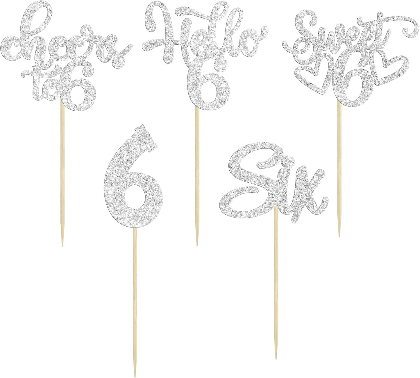 30Pcs 6th Birthday Cupcake Toppers Glitter Six Hello 6 Cupcake Picks Cheers to 6 Years Old Cake Decorations for 6th Birthday Party Supplies Silver
