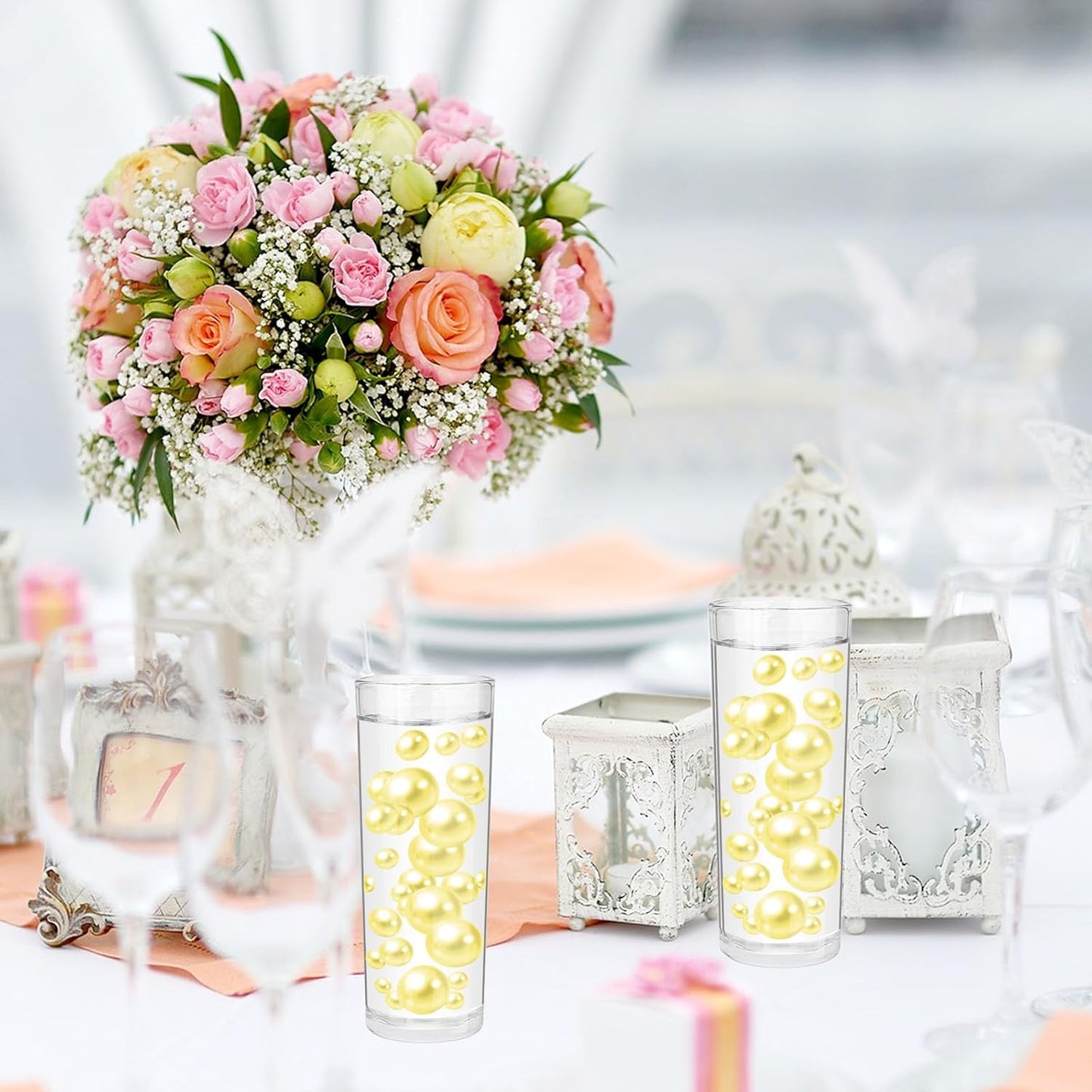 100PCS Light Yellow Faux Pearls Beads for Centerpiece Vases, Vase Filler Faux Pearls, No Holes Filler Beads for Easter Party Anniversary Birthday Wedding Table Decor, 14/20/30mm