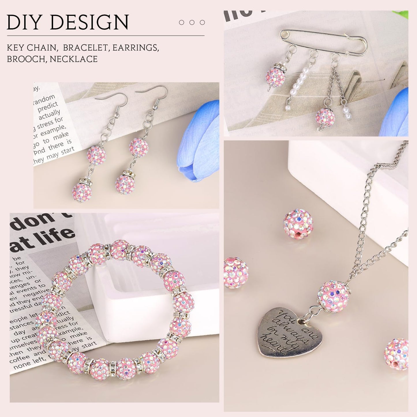 200pcs 10mm Pink AB Rhinestone Beads for Jewelry Making, Shiny Round Shamballa Disco Ball Beads Bulk, Sparkle Crystal Clay Christmas for Bracelet Baseball Necklace Earring Crafting and DIY