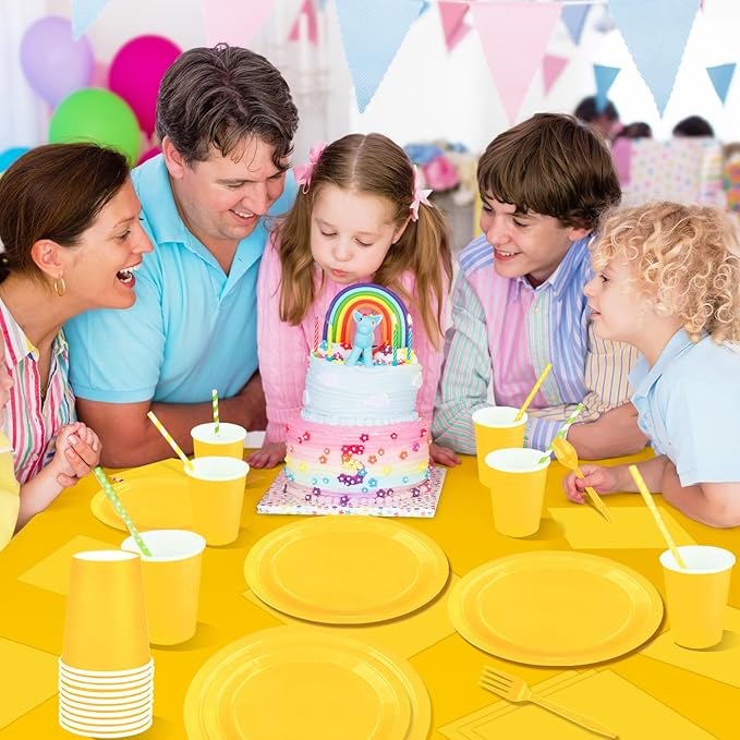 TWOWYHI 229PCS Yellow Party Supplies Set Paper Disposable Plates Cups Plastic Spoons Forks Knives Yellow Napkins for 30 Guests Disposable Party Dinnerware Sets for Wedding Birthday Parties