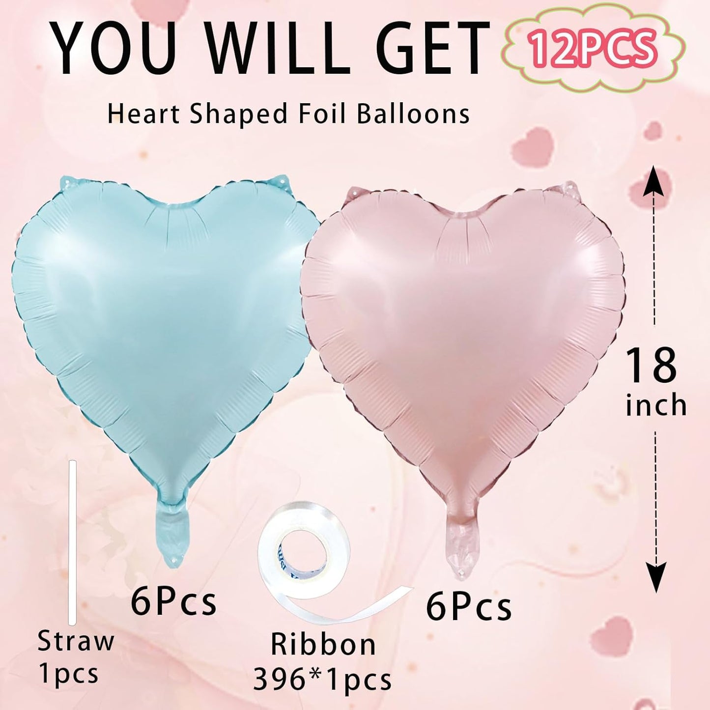 Blue Pink Heart Balloons,18inch Light Blue Heart Shaped Foil Balloons & Baby Pink Helium Mylar Balloon for Anniversary Wedding Engagement Birthday Party Baby Shower Decorations