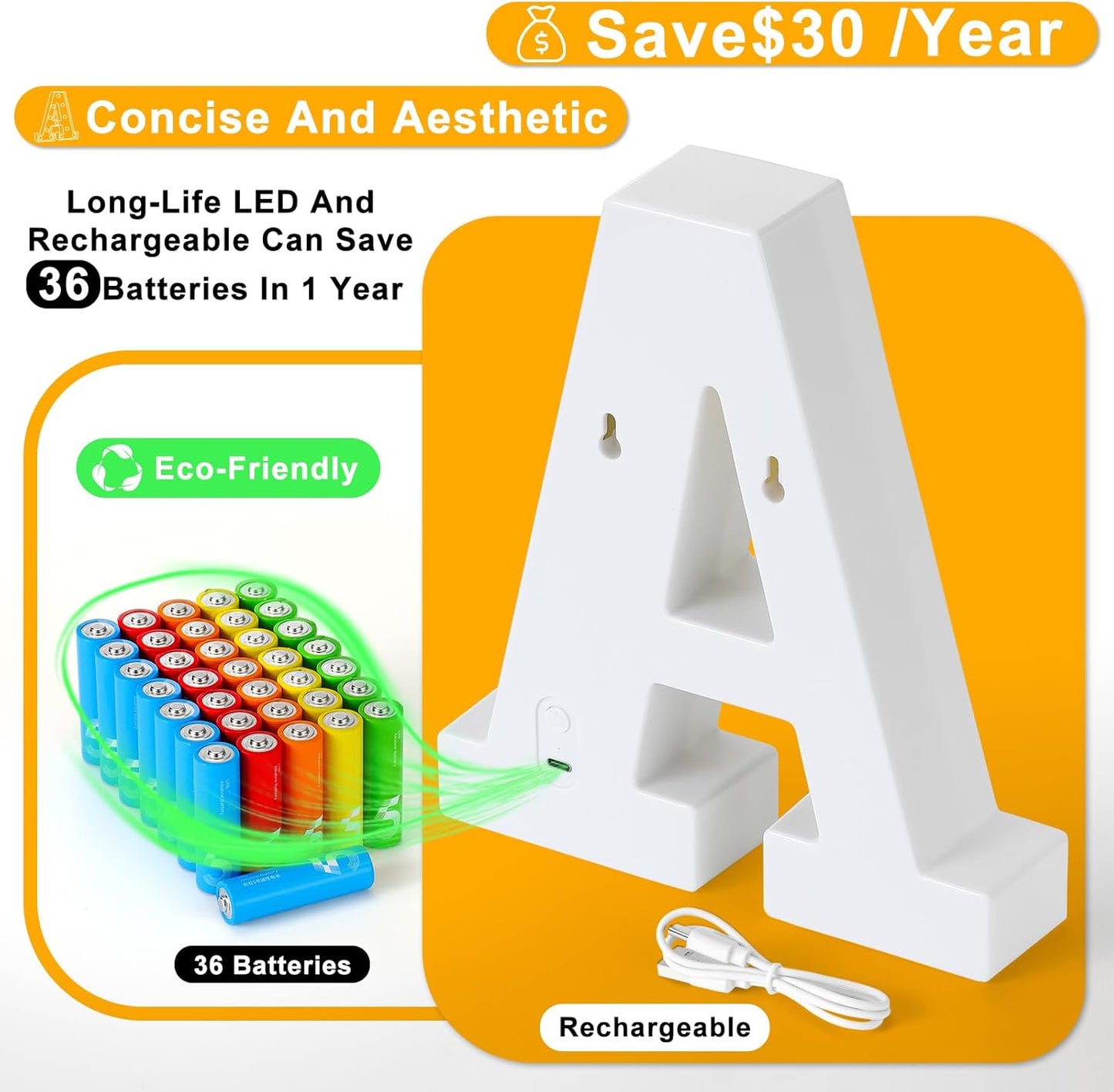 Foaky Rechargeable LED Letter Lights Sign Marquee Light Up Letters Sign for Night Light Wedding/Birthday Party Christmas Lamp Home Bar Decoration (U)