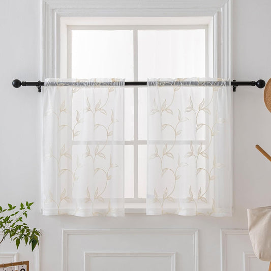 VISIONTEX White Sheer Voile Curtains, Decorative Leaves Embroidery Faux Linen Rod Pocket Window Drapes for Home Kitchen, Living Room and Bedroom 26 x 36 Inch, Set of 2 Curtain Panels