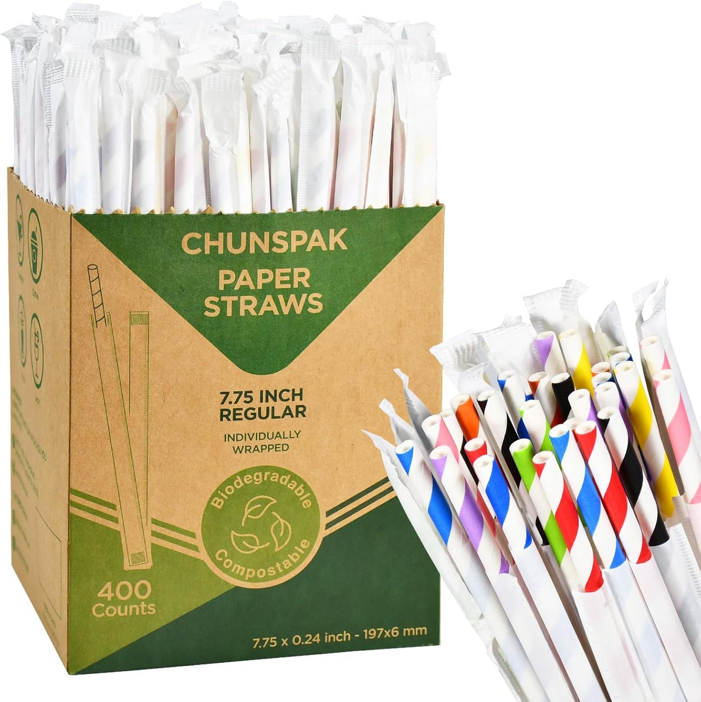 Individually Wrapped Disposable Paper Drinking Straws 7.75'' x 0.24'' - Colorful Stripes [400 Counts] - Eco-friendly Biodegradable