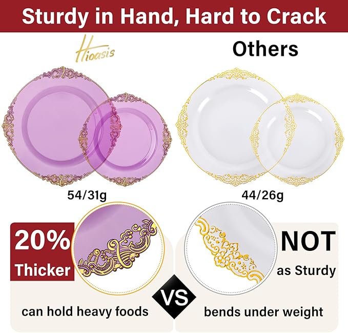 Hioasis 210pcs Purple and Gold Plates - Purple Party Plates for 30 Guest, Include 60 Heavy-duty Plates(20% Thicker Than Standard), 30 Pre Rolled gold Plastic goldware Set, 30 Cups