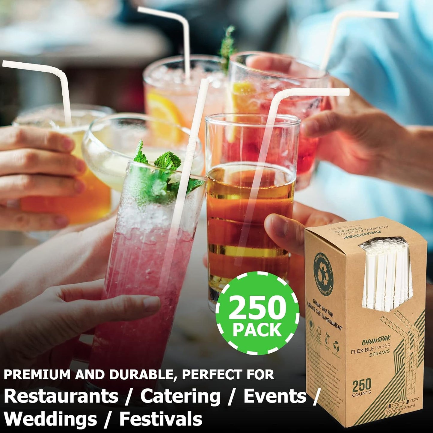 Bendable Paper Straws for Drinking, White, 7 3/4 inches, 250 Count - Great for Kids, Elderly, Home and Restaurant