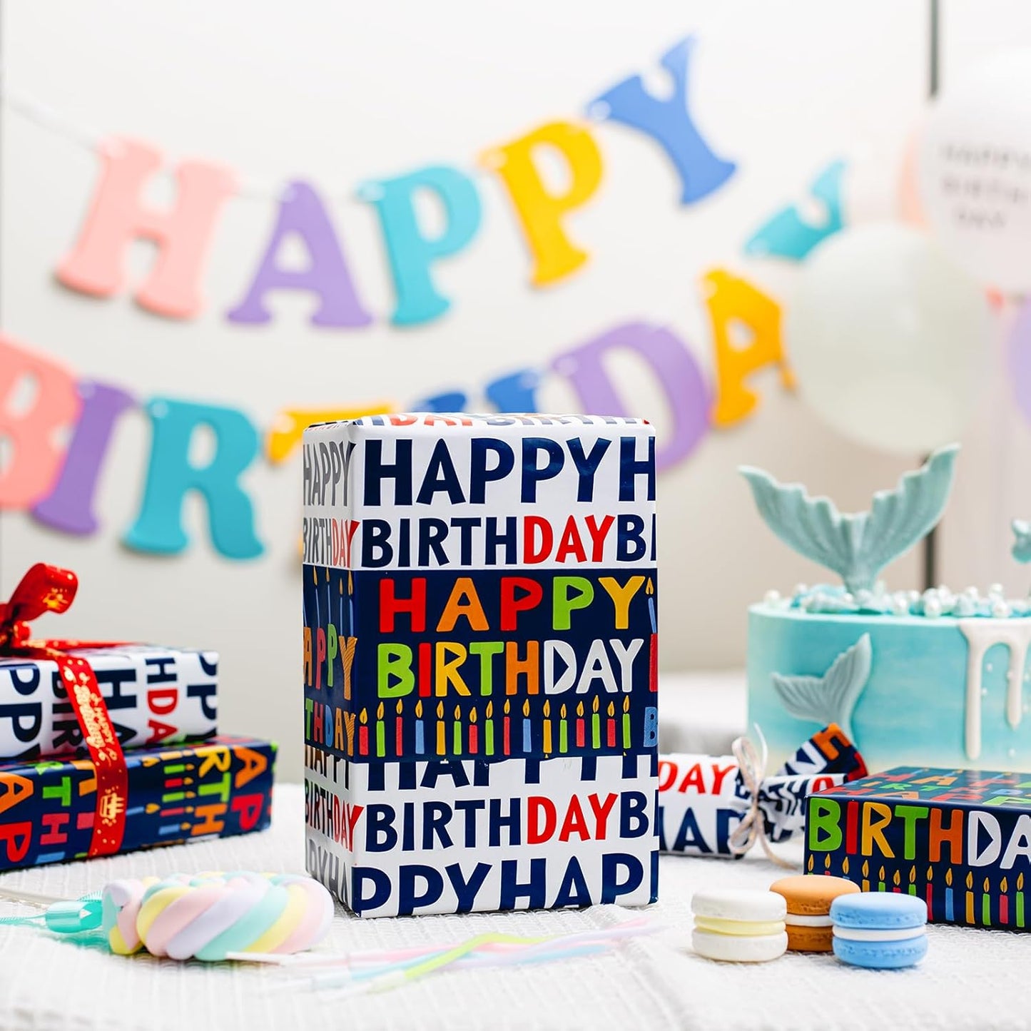 Yarcony Reversible Birthday Wrapping Paper Roll - 17 Inch X 33 Ft(46.8 Sq.Ft.Ttl) - Creative Colorful Happy Birthday Lettering & Candle Navy Blue Gift Wrap for Party, Baby Shower & Holiday