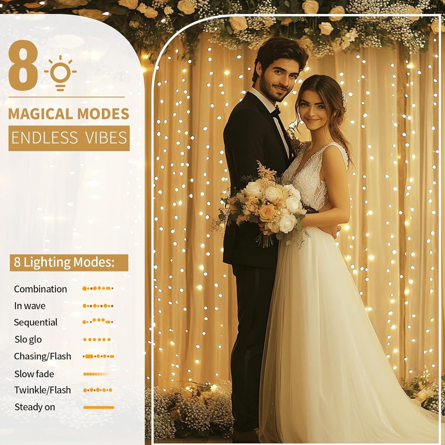 Champagne Tulle Backdrop Curtain with Lights String - 10x10ft Sheer Backdrop with 300 LEDs for Wedding, Baby Shower, Bridal Shower, Birthday Party Photo Shoot Background and Home Decorations