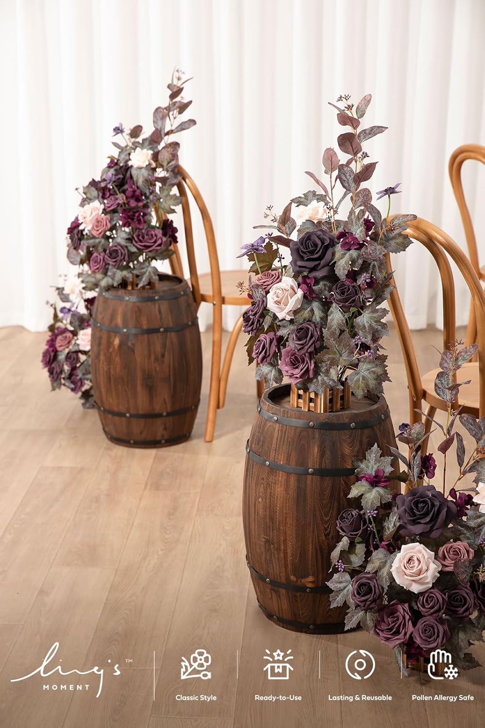 Ling's moment 17.5" Tall Standing Artificial Flowers Arrangements 4 pcs Fall Wedding Aisle Runner Chair Decorations Deep Plum Centerpieces for Ceremony Reception Rose Floral Party Outdoor