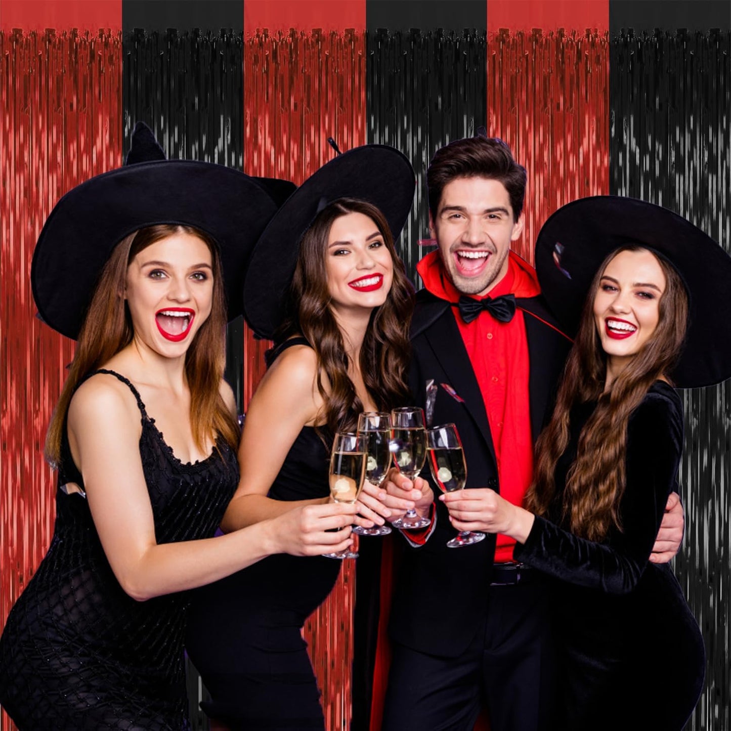 4 Pack Backdrop Curtains,3.28 Ft x 6.56 FT Red Black Halloween Backdrop,Metallic Party Streamer Tinsel Backdrop,Foil Curtains Backdrop Halloween Decorations Party Supplies
