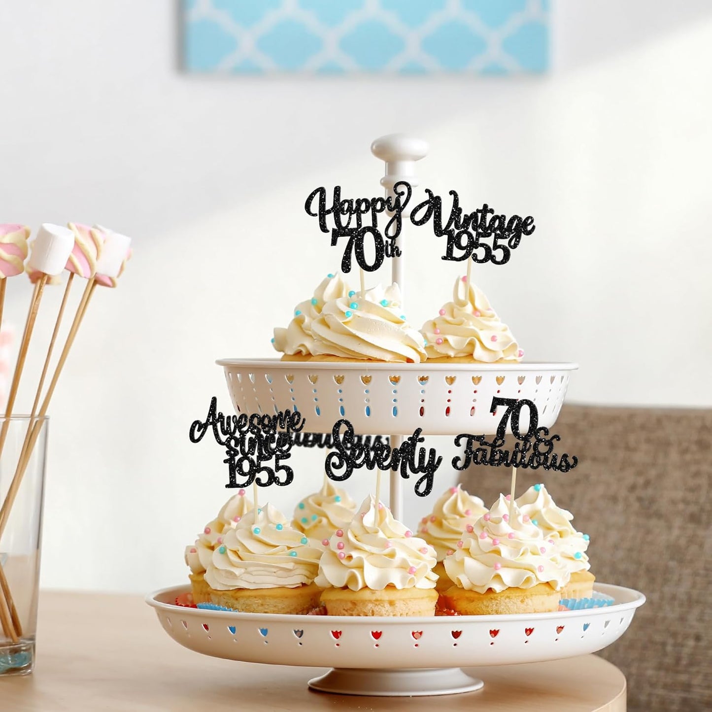 30Pcs Happy 70th Birthday Cupcake Toppers Glitter Seventy Vintage 1955 Cupcake Picks Cheers to 70 Fabulous Cake Decorations for 70th Birthday Wedding Anniversary Party Supplies Black