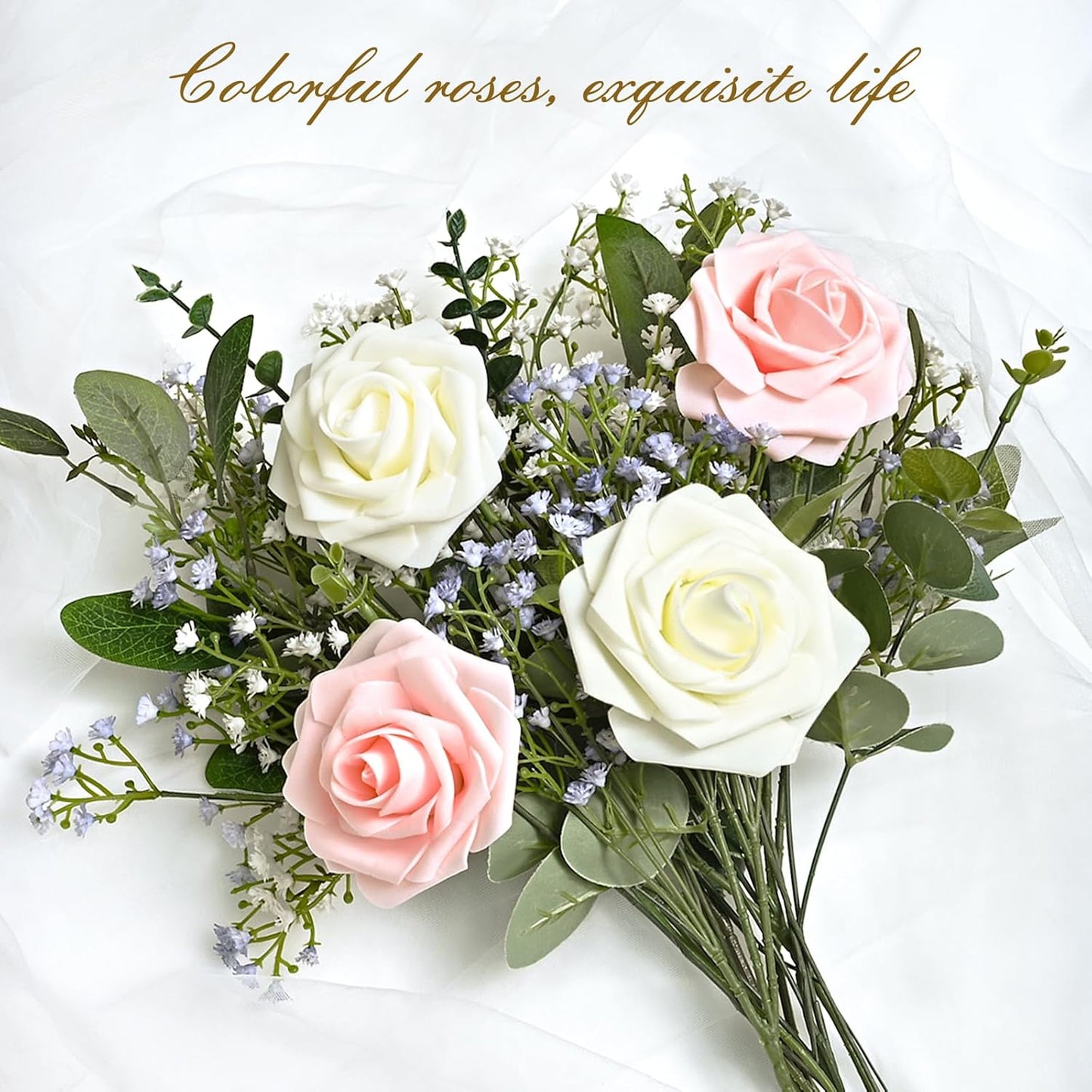 BLEUM CADE 16Pcs Artificial Flowers Fake Roses with Stems, Ivory White Boxed Foam Roses for DIY Bouquets Centerpieces Wedding Party Arrangement Bridal Shower Decor