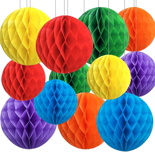 Rainbow Paper Honeycomb Balls,12 Pack Colourful Hanging Tissue Pom Poms for Birthdays,Weddings,Fiesta,Home Party Decoration