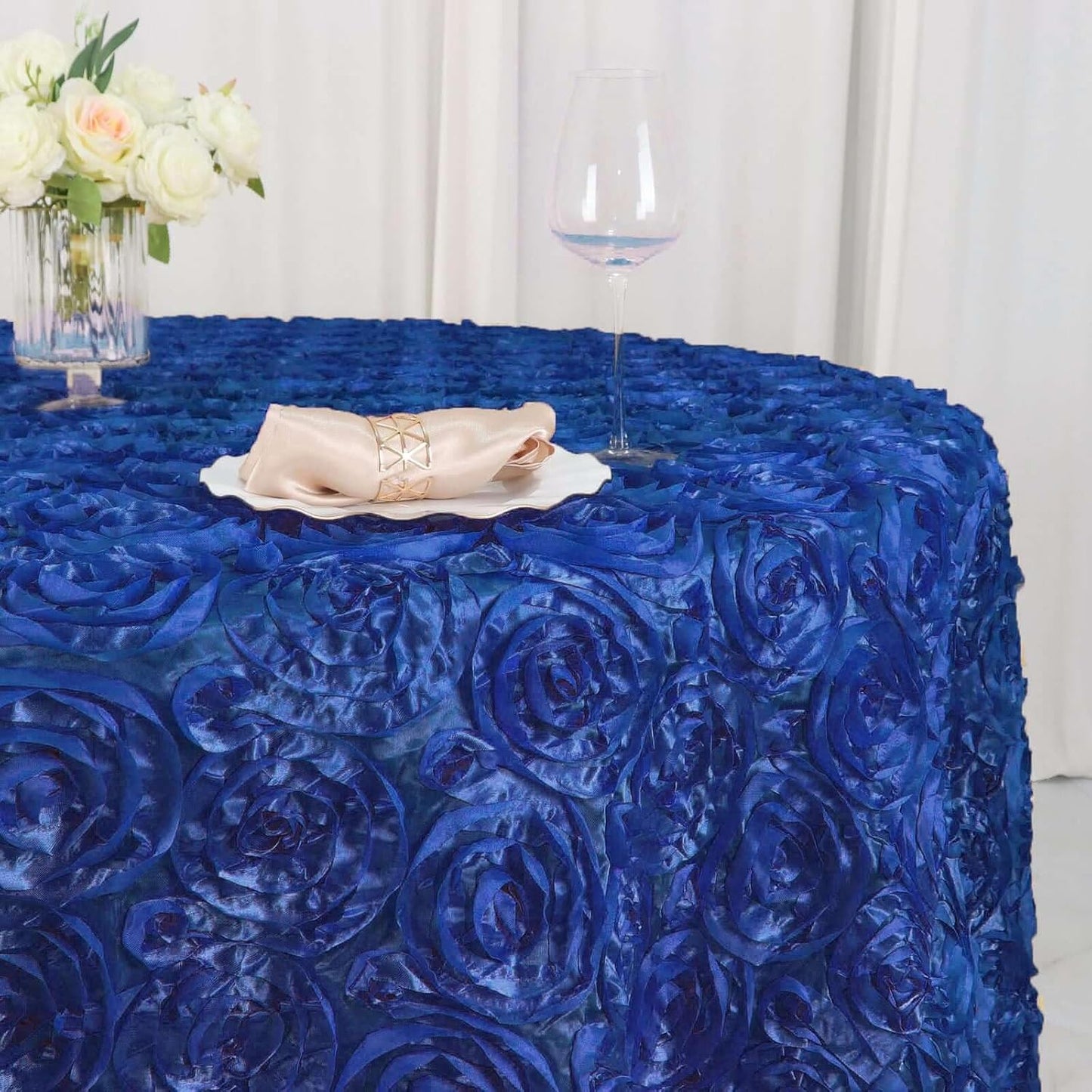 Efavormart 120" Wholesale Round Table Cover Royal Blue Grandiose Rosette 3D Satin Tablecloth for Wedding Party Event Decoration