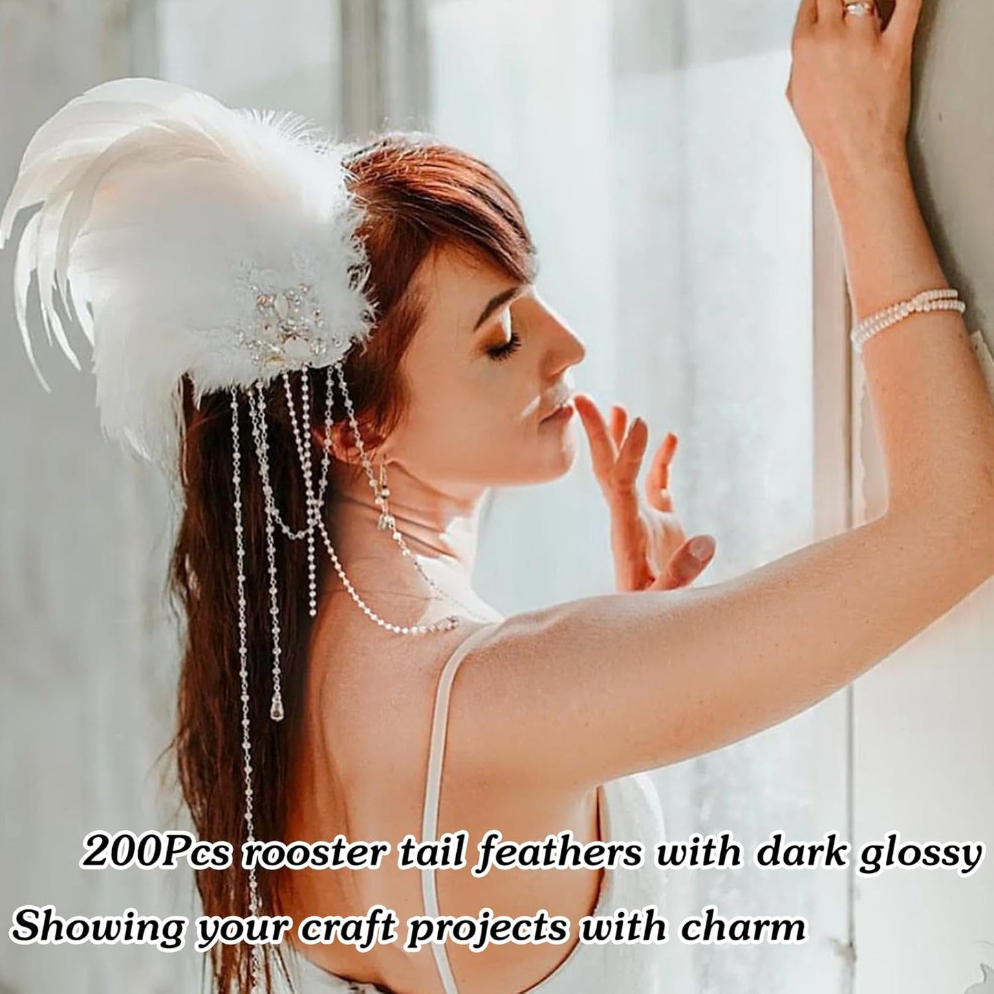 SOGUGOM White Rooster Tail Feathers - 200 pcs 5-7 inch Craft Feathers Bulk for Craft Projects, Halloween, Hats and Cocktail Table Centerpieces(White)