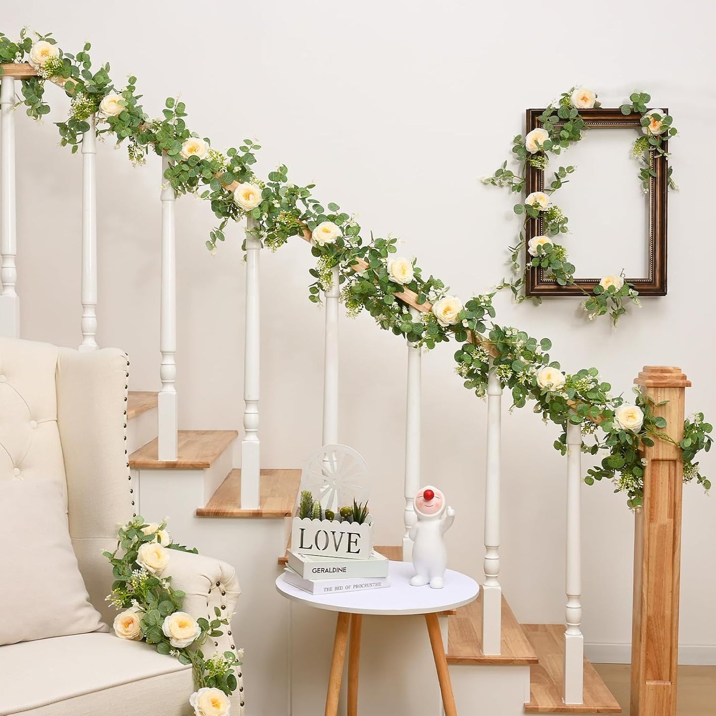 Dolicer 2Pcs 13Ft Artificial Eucalyptus Garlands with Flowers, Faux Floral Greenery Garlands Fake Flowers Vines for Wedding Centerpieces Arch Party Ceremony Backdrop Decor (Champagne)