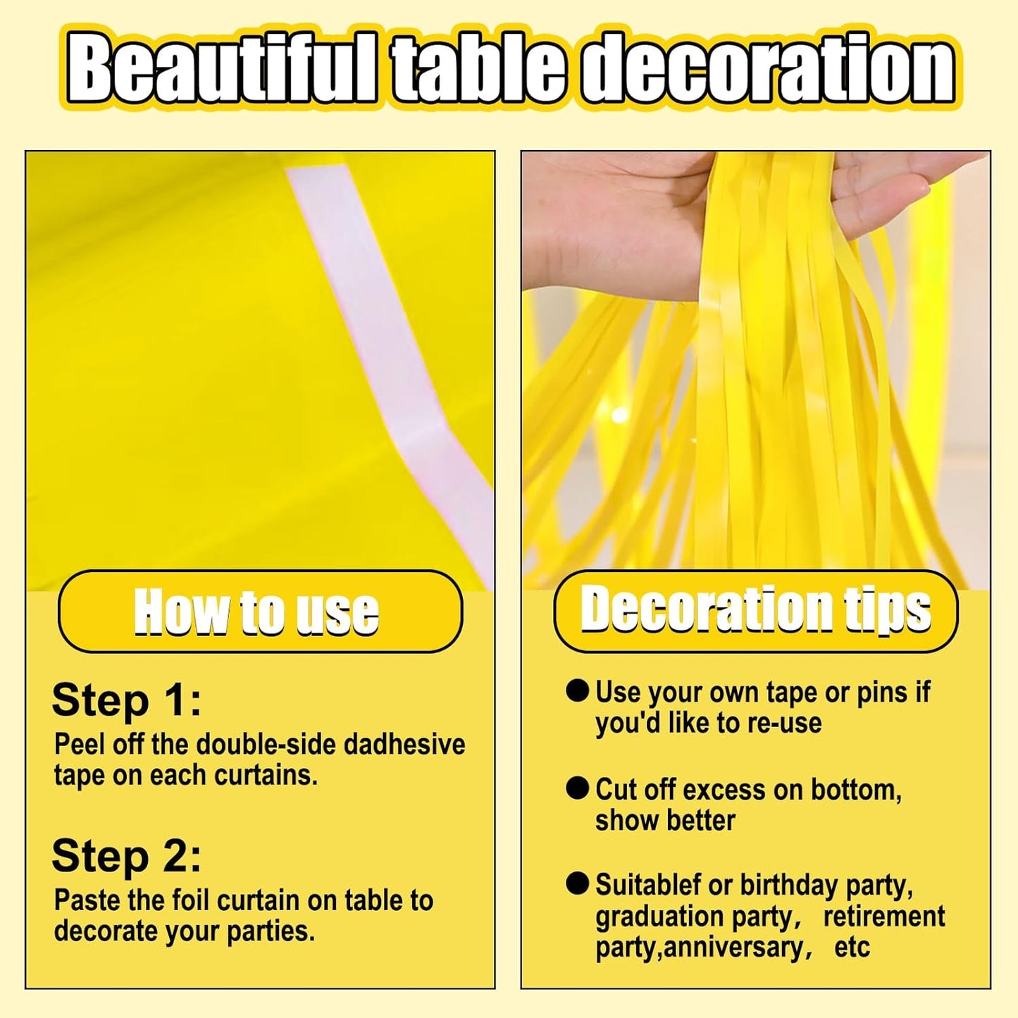 3 Pack 29 x108 Inch Macaron Yellow Foil Fringe Table Skirts Metallic Banner for Tinsel Streamer Garland Backdrop for Parade Floats Wedding Thanksgiving Birthday Christmas New Year Party Decoration