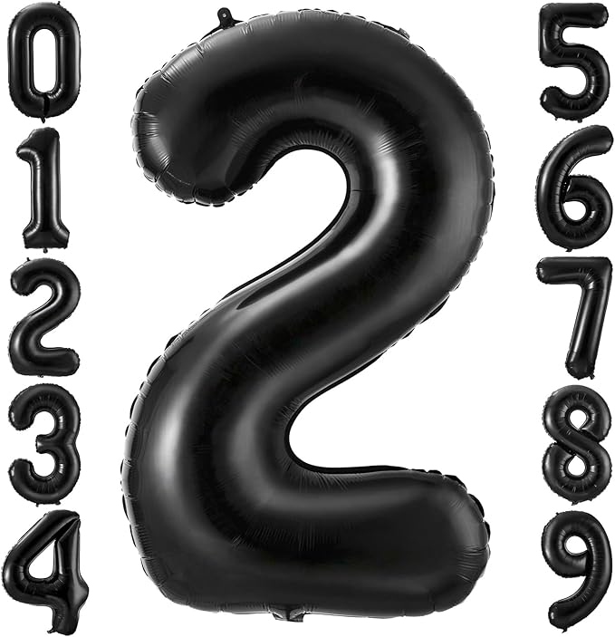 Black 2 Balloon Number,40 Inch Number 2 Balloon Large Black 2 Foil Mylar Helium Balloon for Birthday Party Decorations