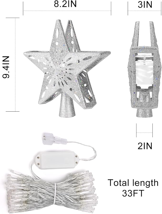 Christmas Tree Topper Star Lighted with Colorful Christmas Light Cord, Built-in 6 Projected Patterns, 3D Glitter LED Rotating Lights for Party Holiday Xmas Decorations Gifts (Silver)