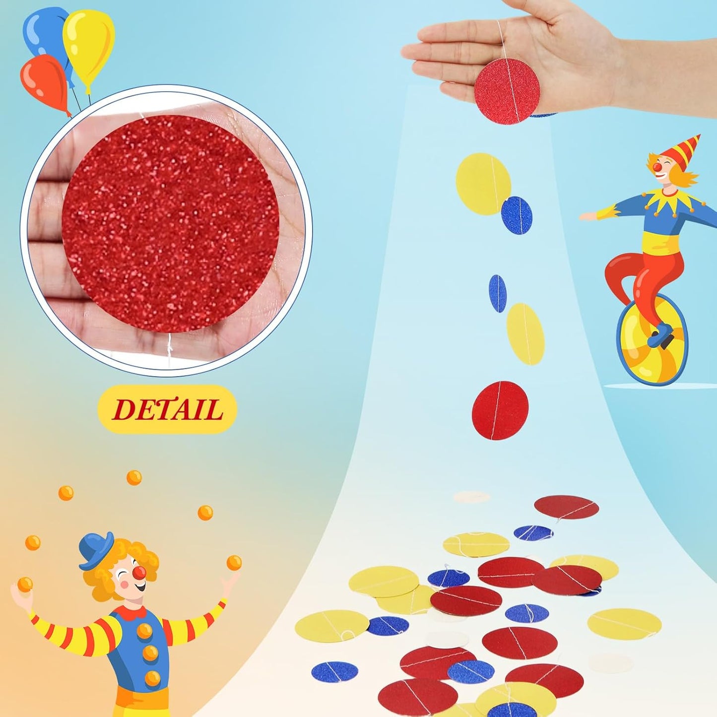 Outus 5 Pieces Colorful Dots Paper Garland Round Glitter Garland Hanging Confetti Streamers Backdrop for Candy Birthday Classroom Halloween Trunk or Treat Car Decoration (Red,Blue,Yellow)