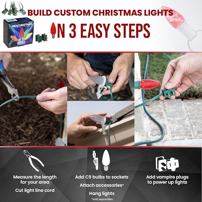 Pro Christmas C9 LED Christmas Light Kit for Rooflines & Pathways – DIY Cut to Length, Outdoor Commercial Grade (White Wire w/Vampire Plugs, 25 Bulbs, 25 ft) Cool White