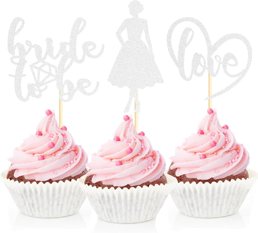 Sotpot 24PCS Bride to Be Cupcake Toppers with Heart Silver Glitter Dress Bridal Shower Cupcake Picks for Wedding Bridal Shower Wedding Engagement Party Cake Decorations