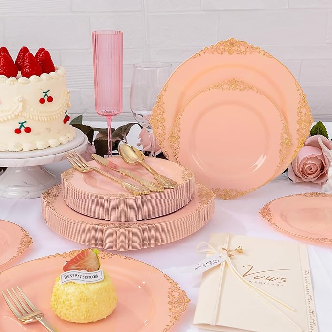 125PCS Peachy Pink Plastic Plates - Elegant Pink and Gold Dinnerware Set - Heavy Duty Disposable Plates with Gold Silverware Sets for 25 Guests for Wedding & Valentine's Day & Bridal Shower