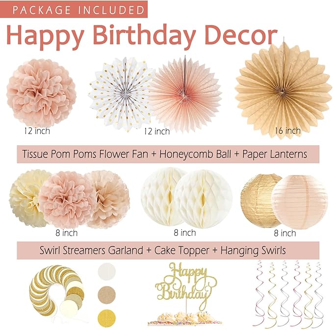 Champagne-Gold Beige Birthday Decorations for Women Girls,Cream Neutral Balloons Décor,Happy Banner,Boho Peach Paper Lanterns Tissue Pom Poms Fan,Anniversary Princess Backdrop Party Supplies