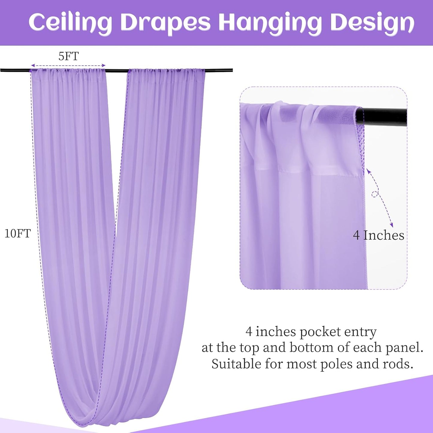 6 Panels Lilac Wedding Ceiling Drapes 5ftx10ft Ceiling Drapes Chiffon Fabric Arch Draping Sheer Curtains Soft Drapery Draping Wedding Ceiling Decorations for Party Ceremony Stage Swag