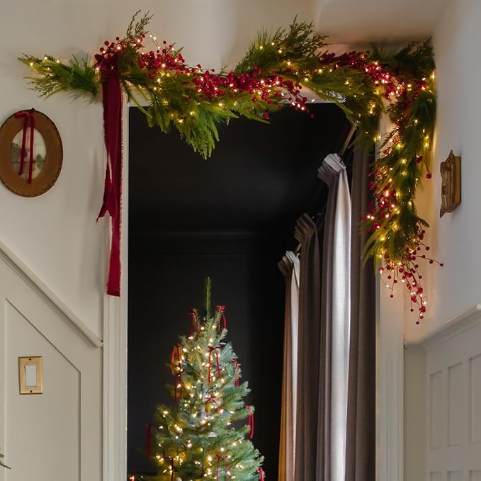 LampLust Mantle Garland with Lights Battery Operated, 6 Ft Realistic Norfolk Pine Greenery Garland for Mantle All Year Round, 100 LED Lights with Timer, Table Top Decor for Dining Table