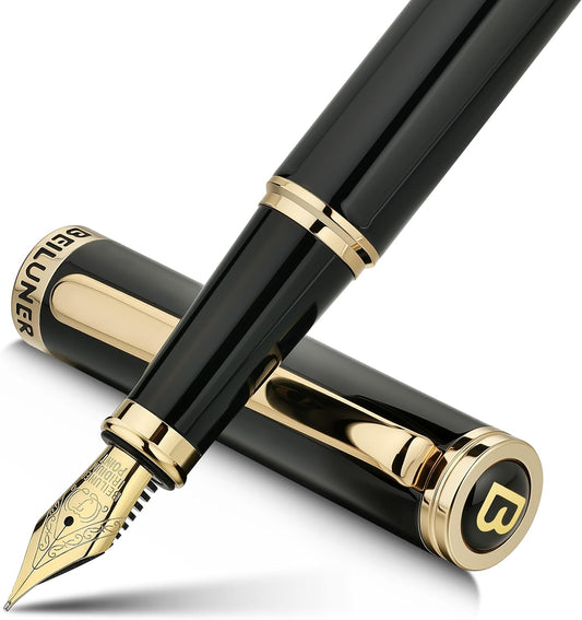 BEILUNER Black Fountain Pen,Stunning Luxury Pens with 24K Gold Accents, Gorgeous 24K Gilded Nib(Fine), Trustworthy Pen Gift for Men&Women -Ink Converter-Elegant, Reliable,Fancy Pen for Writing