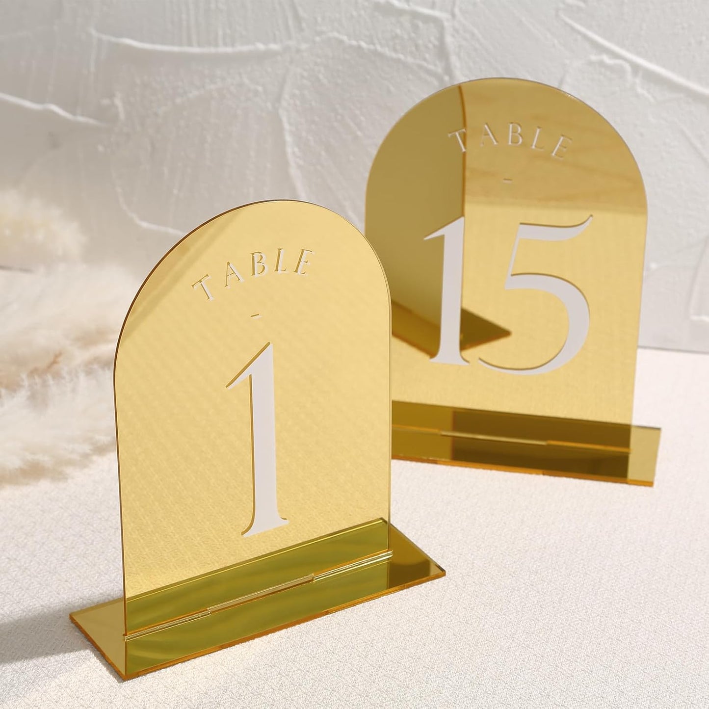 UNIQOOO Gold Mirror Arch Wedding Table Numbers with Stands 1-20, 5x7 Acrylic Display Signs and Holders, Pack of 20, Perfect for Centerpiece, Reception, Decoration, Party, Anniversary, Event