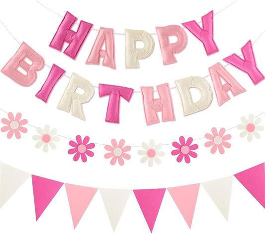 Felt Birthday Decorations, NO DIY, Pre-Strung 3D Felt Happy Birthday Banner with Fabric Flower Garland, Colorful Triangle Flags, Birthday Party Decorations for Women Men Boys Girls (Pink&White)