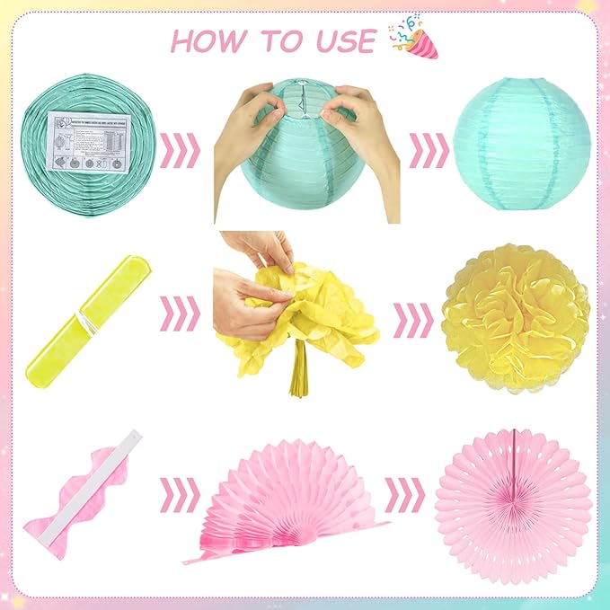 Pastel Birthday Decorations for Women or Girls - Pastel Happy Birthday Banner, Hanging Colorful Paper Lanterns and Fans, Tissue Paper Pom Poms, Rainbow Party Decorations Set