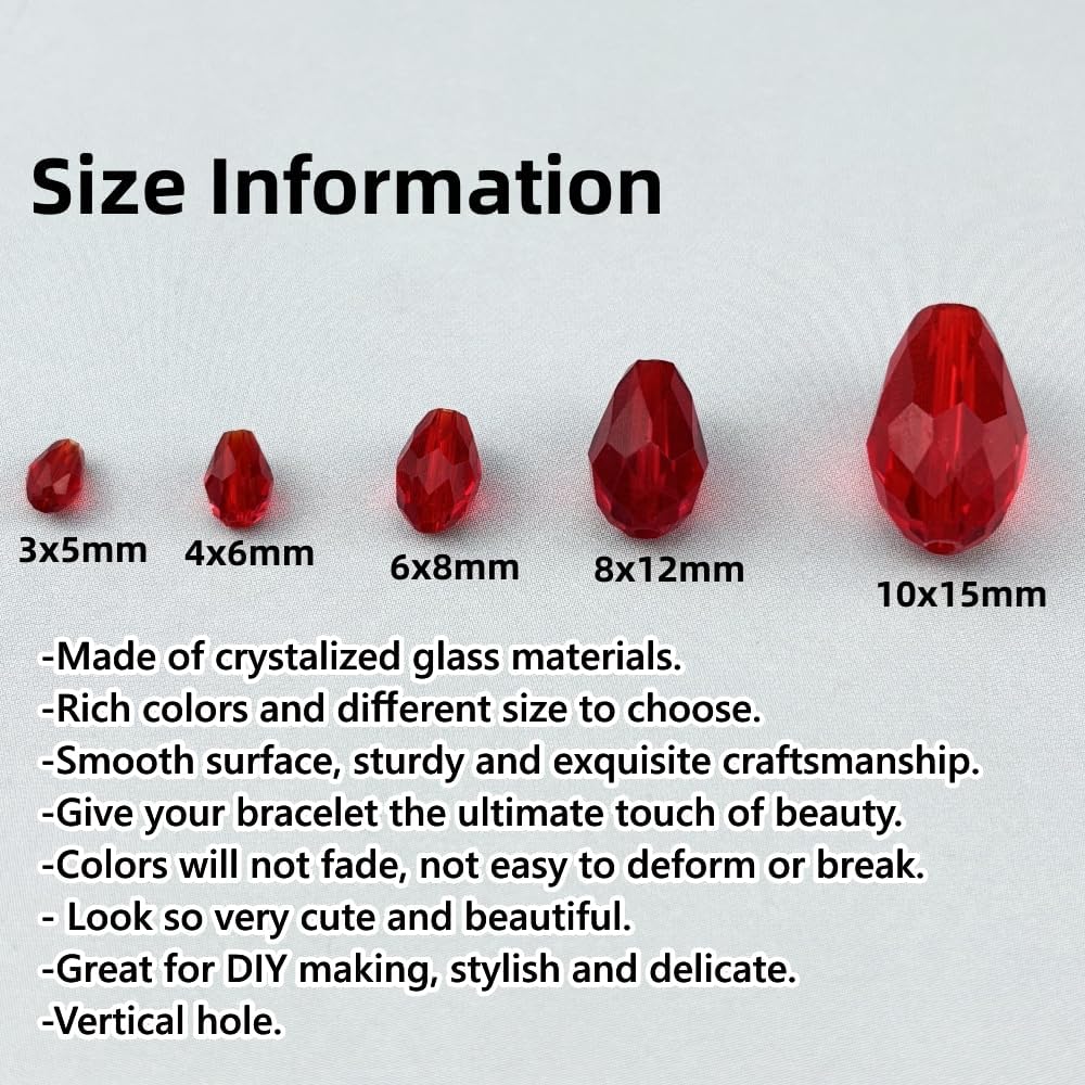 50pcs 10x15mm Teardrop Crystal Glass Beads for Jewelry Making, Faceted Vertical Hole Teardrop Glass Spacer Beads for Wind Chimes Bracelet Earring Necklace DIY Craft(Red)