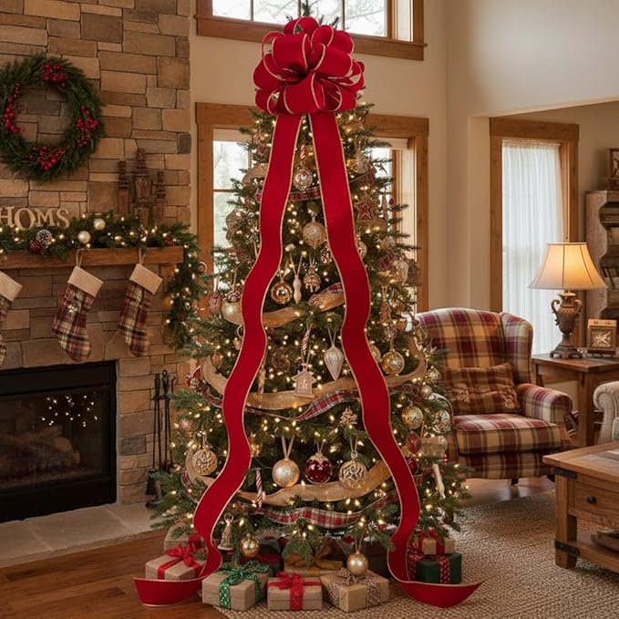 Christmas Tree Topper Bow - Bow: 11" sq. - Tails: 3 Yards Long Each - Velvet Red