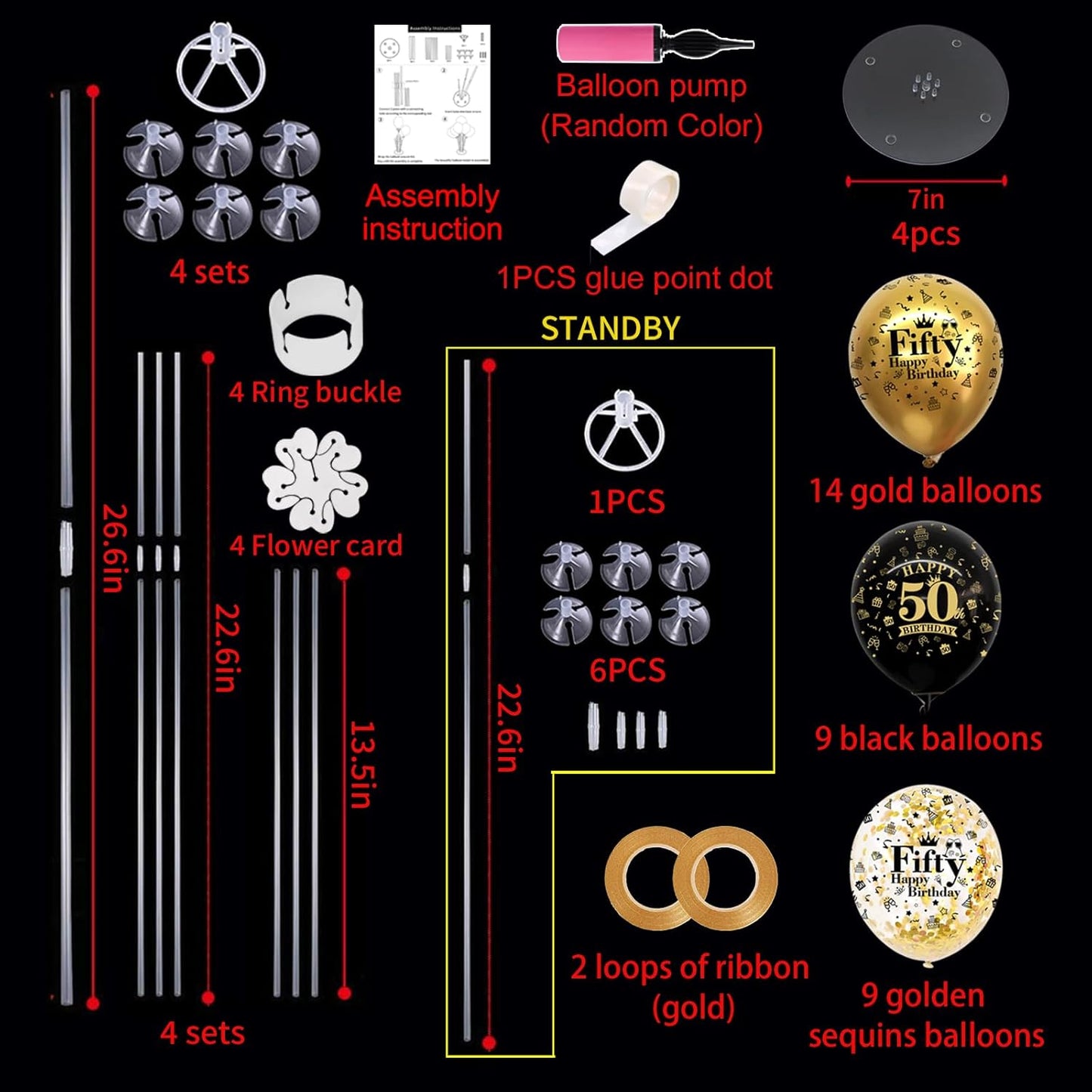 TONIFUL 4 Set Black Gold Balloon Stand Kit for Birthday Decorations for 50th,Balloon Centerpieces for Table Party Decorations Cheers to 50 Years Old Birthday for Men and Women