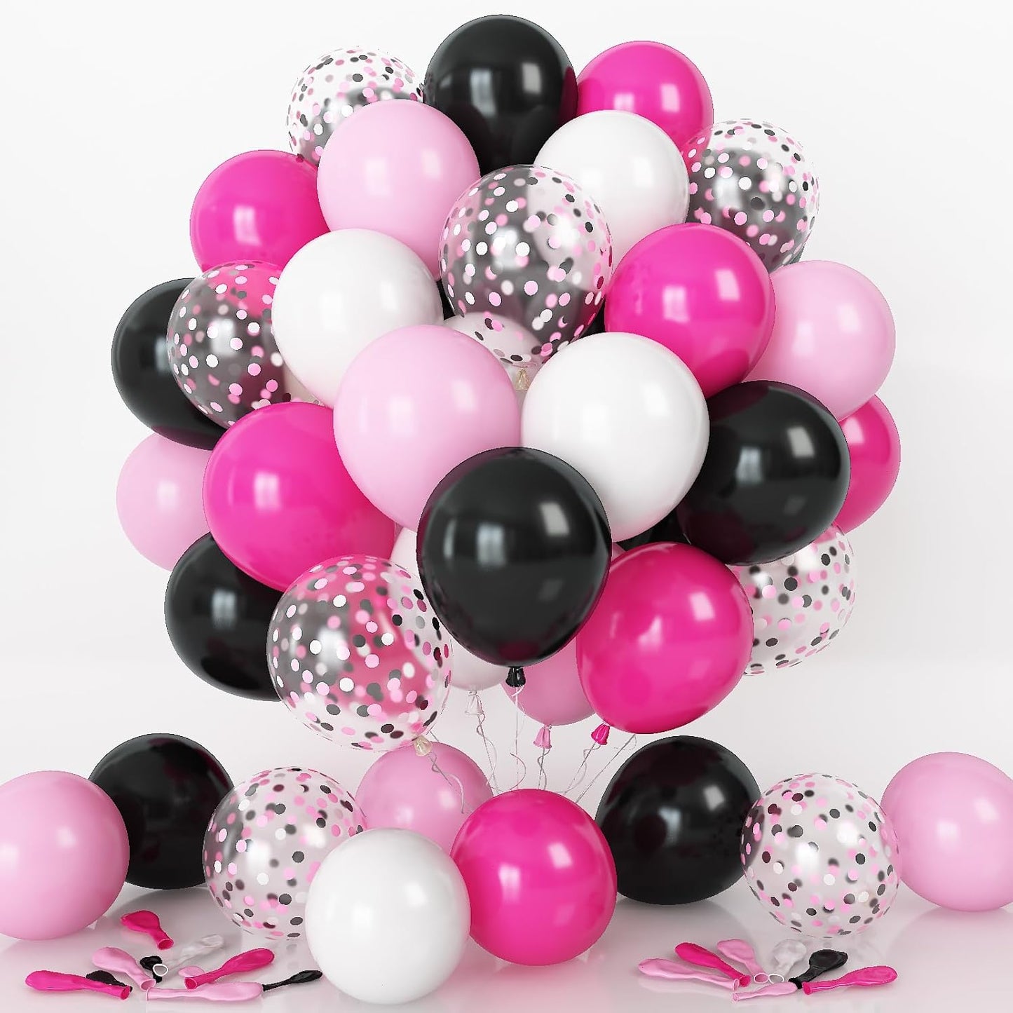 Balloons Black and Pink, Pack of 60 Hot Pink Black White Latex Balloon and Confetti Balloons, Rose Red Pink Party Balloons Decoration for Girls Mouse Theme Birthday Party Baby Shower Bridal Shower