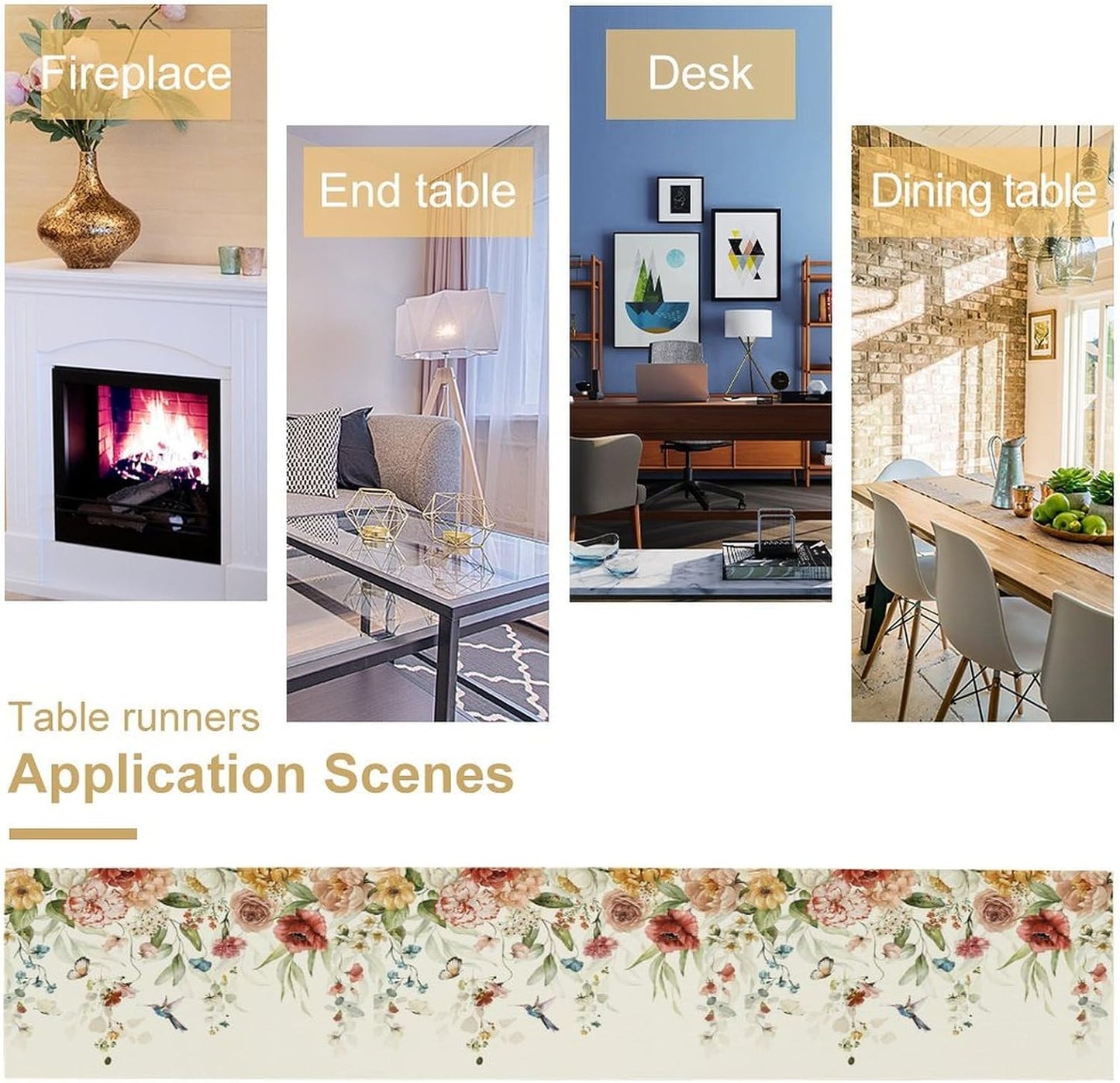 Rustic Floral Table Runner, Watercolor Flower Leaves Hummingbird Butterfly Farmhouse Kitchen Dinning Table Runner for Indoor Outdoor Home Wedding Party Holiday, 13x36 Inch