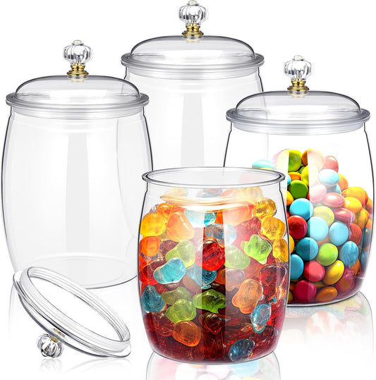 Nuogo 4 Pcs Plastic Candy and Cookie Jars with Lids Clear Cookie Container Candy Jars Large Airtight Apothecary Storage Organization for Wedding Home Kitchen Bar(80 oz)