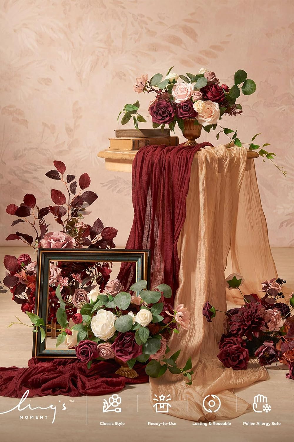 Ling's Moment 17.5" Tall Free Standing Artificial Flowers Arrangements 4 pcs Wedding Aisle Runner Chair Decorations Burgundy & Dusty Rose for Ceremony Reception Rose Floral Party Outdoor Centerpieces