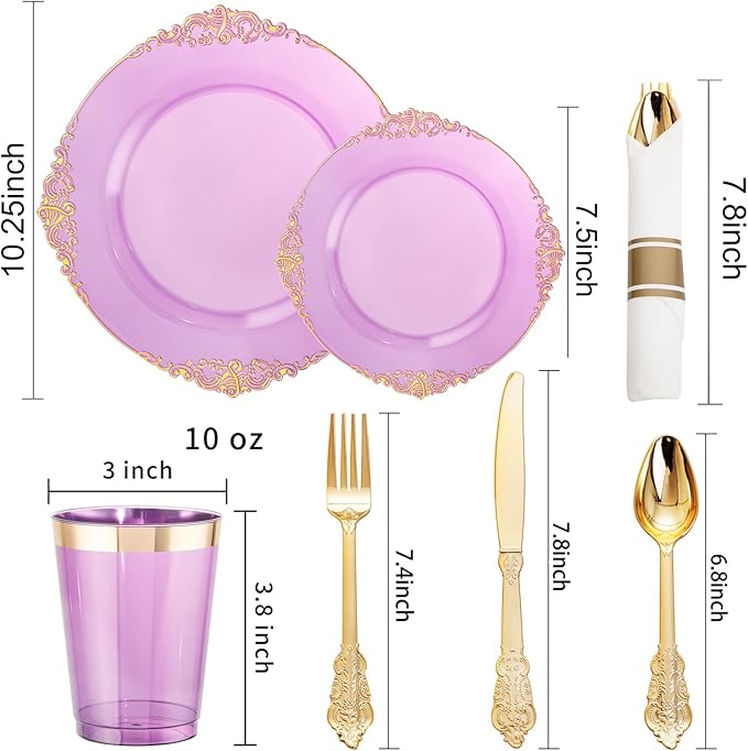 Hioasis 210pcs Purple and Gold Plates - Purple Party Plates for 30 Guest, Include 60 Heavy-duty Plates(20% Thicker Than Standard), 30 Pre Rolled gold Plastic goldware Set, 30 Cups